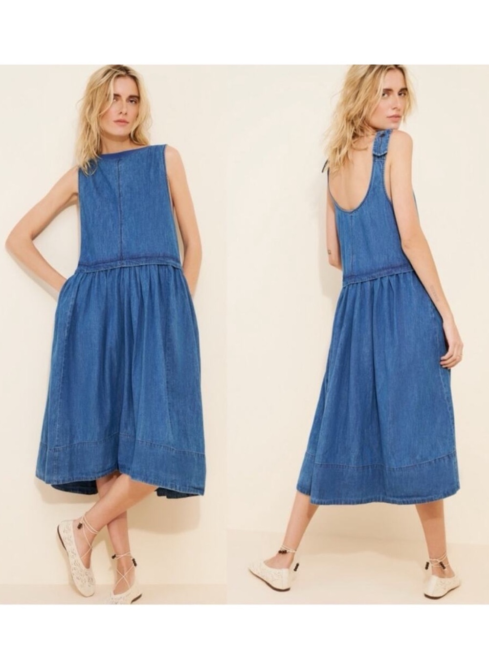 Free People Soraya Light Denim Sky Drop Waist Midi Jumper Dress - Picture 5 of 10